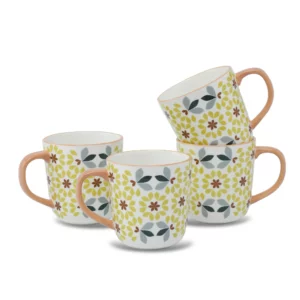 Floral Pattern Ceramic Coffee Mugs, Bone China Tea Cups with Yellow and Gray Design, Set of 4